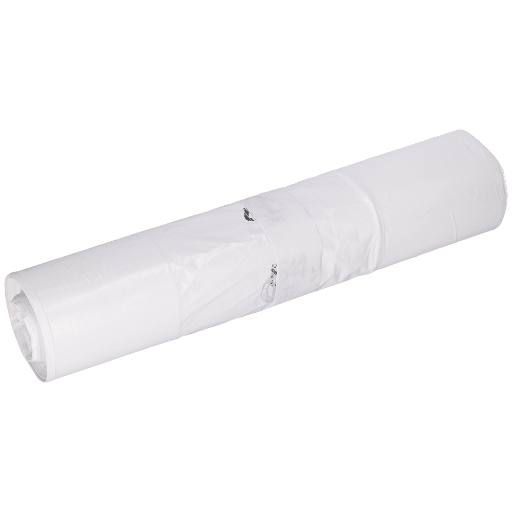 A rolled-up EMIL DEISS KG garbage bag (DEISS 96030 - 400+200x700x0.035 mm white, roll with 50 pieces) is attached with transparent tape and a small metal key ring against a plain white background.