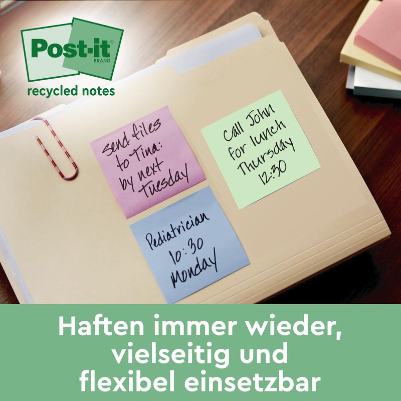 A file folder with three Post-it® Recycling Notes (38 mm x 51 mm, 100% PEFC from 3M Deutschland GmbH): a purple note with the inscription "Send files to Tina: by next Tuesday", a blue note with the inscription "Pediatrician Monday 10:30" and a green note for "Lunch with John Thursday 12:30".