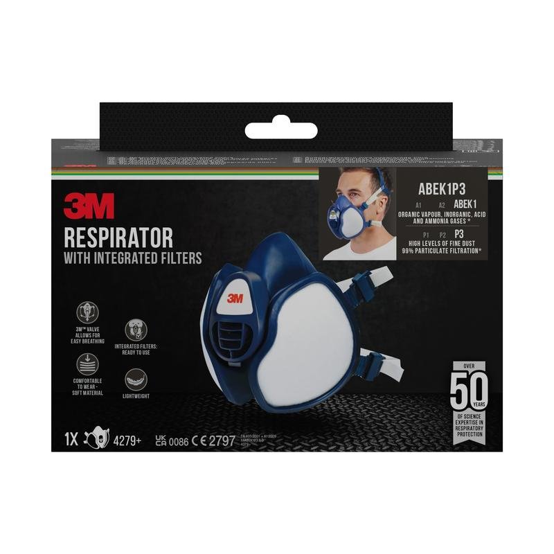 The 3M™ respirator with integrated filters from 3M Deutschland GmbH is depicted on a black package, showing images of the mask, symbols of its functions, and a text with over 50 applications as well as the model ABEK1P3.