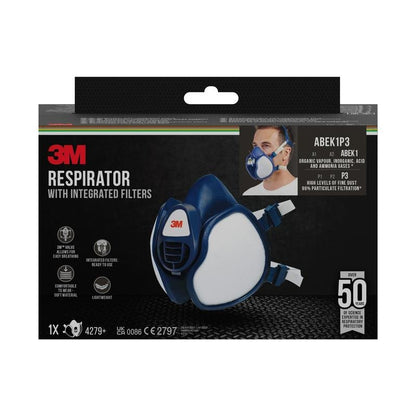 The 3M™ respirator with integrated filters from 3M Deutschland GmbH is depicted on a black package, showing images of the mask, symbols of its functions, and a text with over 50 applications as well as the model ABEK1P3.