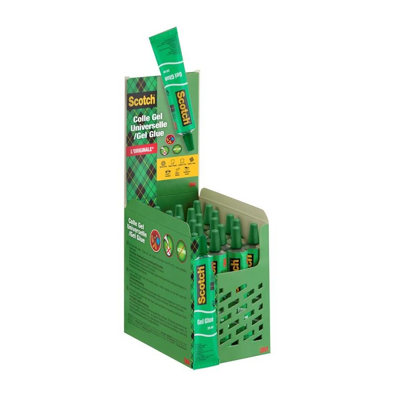 A green display box contains 24 tubes of 3M Deutschland GmbH Scotch® liquid adhesive (30 ml); one tube is standing upright. The packaging features product information in several languages and images that highlight the uses of this strong adhesive.