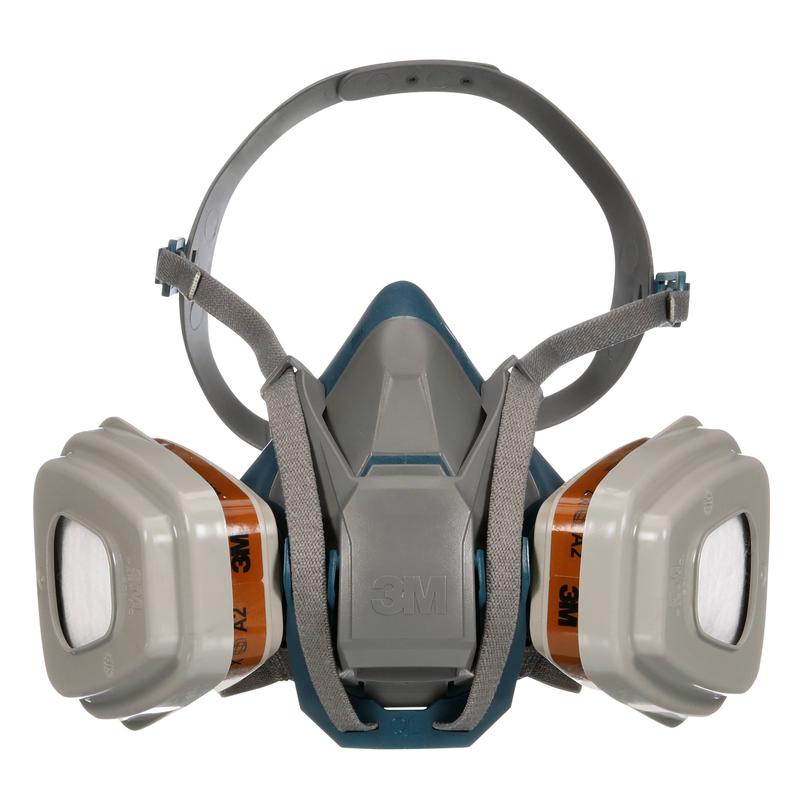 The 3M™ Quick Latch Respirator 6502QLKIT-1 from 3M Deutschland GmbH with replaceable A2P3 filters for organic vapors, gray straps, and blue front panel is shown against a white background.