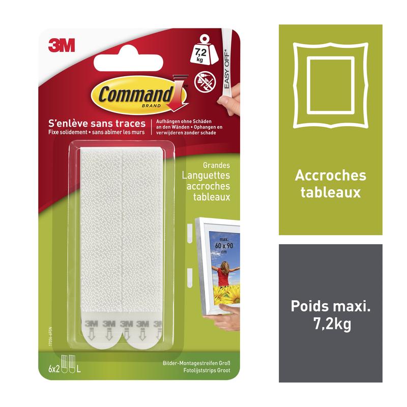 Pictured is a pack of 3M Deutschland GmbH Large Command™ Picture Hanging Strips L, 6 sets in a value pack (17206-6), in red packaging with white strips inside. The French text highlights easy picture hanging up to 7.2 kg without nails.