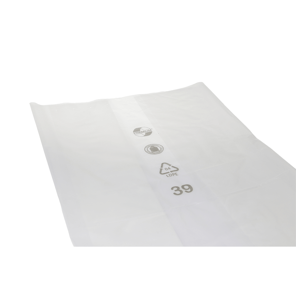 A transparent protective film DEISS 99134 from EMIL DEISS KG (GmbH + Co.) lies flat on a white background and shows recycling symbols, "04 LDPE" and the number "39" printed in black.