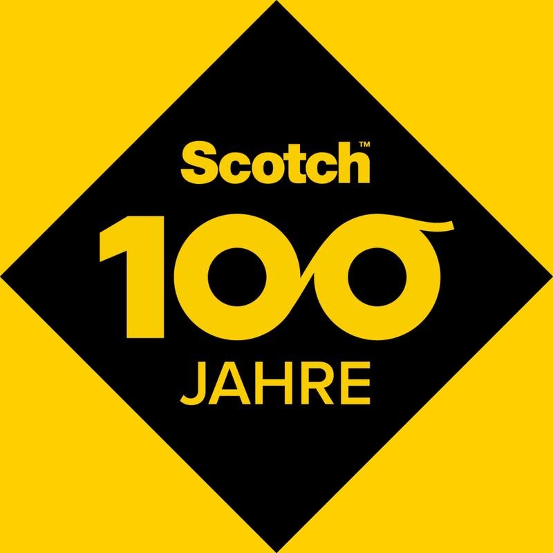 A black diamond on a yellow background with "Scotch 100 Years" in yellow—the "00" forms a bow—celebrates the strong Scotch® liquid adhesive (30 ml, 24 tubes per display; 1 piece) from 3M Deutschland GmbH.