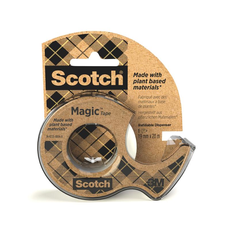 The Scotch® Magic™ Tape from 3M Deutschland GmbH contains 66% plant-based adhesive, measures 19 mm x 20 m, and comes with a refill dispenser made from recycled material. The packaging features a brown check design.