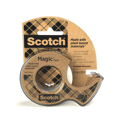 The Scotch® Magic™ Tape from 3M Deutschland GmbH contains 66% plant-based adhesive, measures 19 mm x 20 m, and comes with a refill dispenser made from recycled material. The packaging features a brown check design.