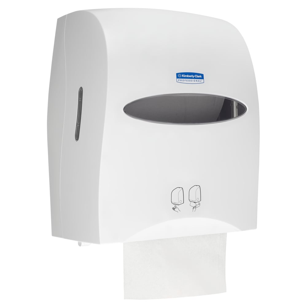 The Kimberly-Clark Professional™ Electronic No Touch Dispenser in White allows for hygienic paper dispensing via wall mounting, with a translucent front, bottom paper output, and user-friendly icons.