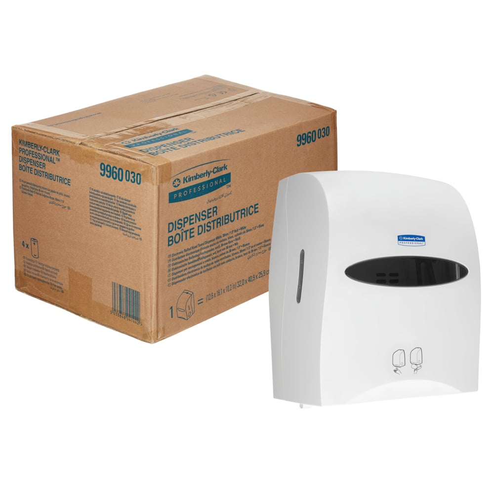 A carton from Kimberly-Clark GmbH with the label "Kimberly-Clark Professional™ Electronic No Touch - Loose Module - Roll / White" is depicted next to a white dispenser with a black window and hygiene symbols on the front.
