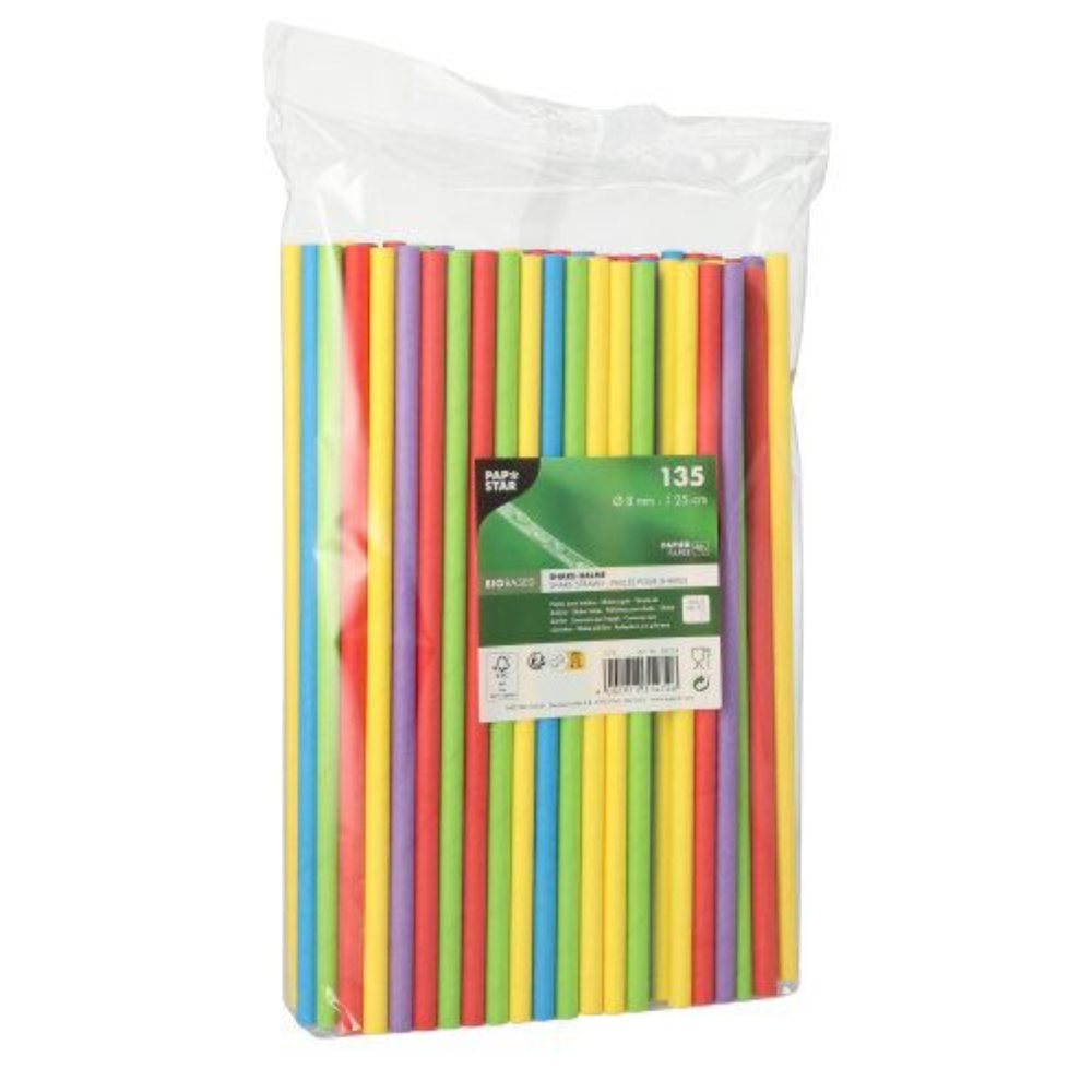 A transparent bag containing 135 colorful, eco-friendly drinking straws in red, yellow, green, and blue from PAPSTAR GmbH. The packaging features a visible product information label.