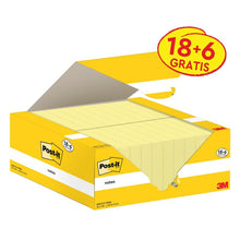 An opened box of Post-it® Notes, Yellow (38 mm x 51 mm, 100 sheets/block), from 3M Deutschland GmbH reveals several yellow notes; the packaging offers 18 blocks + 6 free and bears the PEFC eco-label.