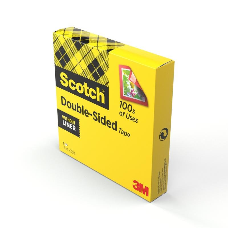 A yellow box of Scotch® double-sided tape (1 roll, 19 mm x 33 m) by 3M Deutschland GmbH, ideal for crafting needs, shows the label and a flower card - linerless.