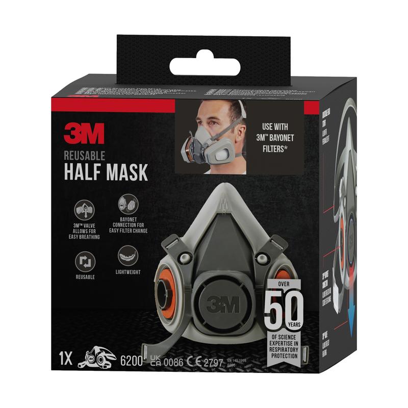 A black-red box for the 3M™ Half Mask Housing 6200 reusable, medium size (1 piece) by 3M Deutschland GmbH shows the mask in use and highlights features such as the light weight and the over 50-year protection duration.