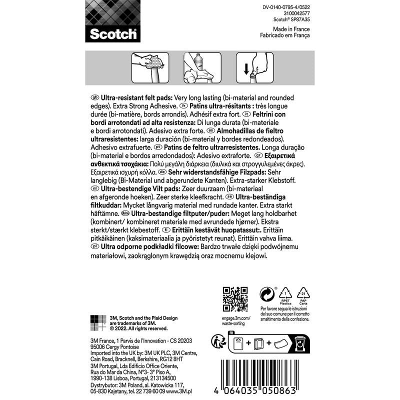 Back of a pack of 3M Deutschland GmbH Scotch® Extra Durable Felt Pads SP87A35 (Ø 25mm, gray/white, 8 pieces), with multilingual information on adhesive strength, durability, as well as a barcode and symbols at the bottom right.