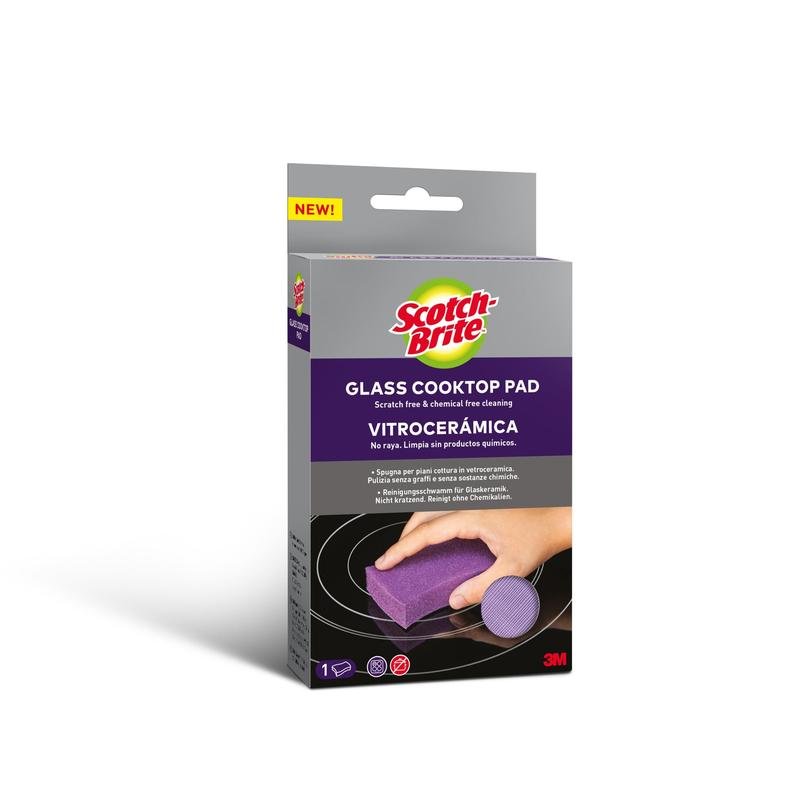 Pictured is a package of Scotch-Brite™ Glass Ceramic Cleaning Sponge (1 piece) from 3M Deutschland GmbH. The mostly purple-grey packaging shows English and Spanish product information as well as an image of a hand cleaning a glass ceramic cooktop.