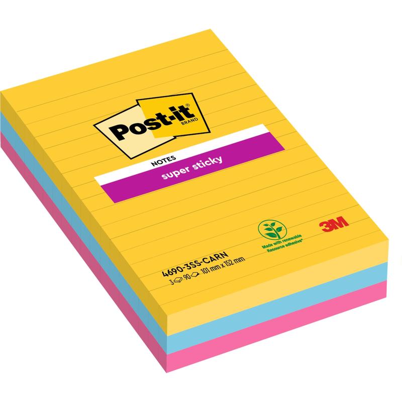 A pack of Post-it® Super Sticky Notes, lined and in large format (101 mm x 152 mm, 90 sheets/block), from 3M Deutschland GmbH. Made from 100% PEFC-certified paper. Colors: yellow, blue, and pink; packaging with eco-friendly label.
