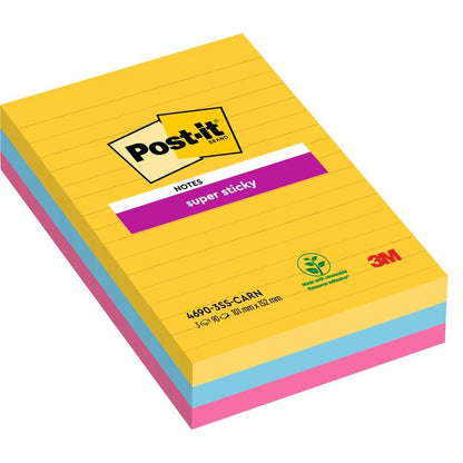 A pack of Post-it® Super Sticky Notes, lined and in large format (101 mm x 152 mm, 90 sheets/block), from 3M Deutschland GmbH. Made from 100% PEFC-certified paper. Colors: yellow, blue, and pink; packaging with eco-friendly label.