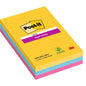 A pack of Post-it® Super Sticky Notes, lined and in large format (101 mm x 152 mm, 90 sheets/block), from 3M Deutschland GmbH. Made from 100% PEFC-certified paper. Colors: yellow, blue, and pink; packaging with eco-friendly label.