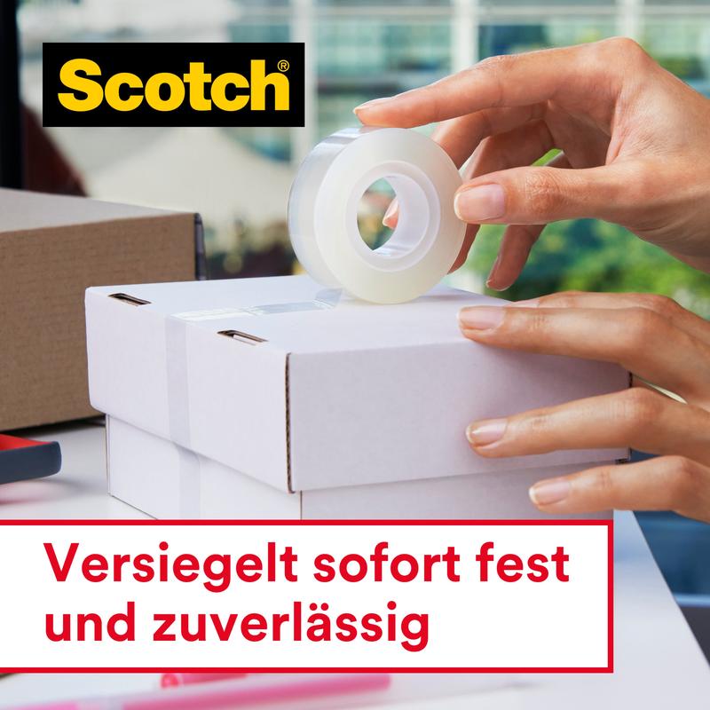A hand seals a white box with the Scotch® Crystal Tape, refill pack, 19 mm x 25 m from 3M Deutschland GmbH. The Scotch logo appears at the top left, along with the text: "Instantly secure and reliable sealing.