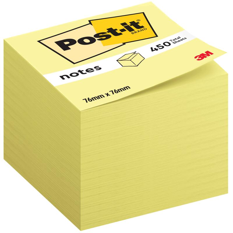 The Post-it® Notes Cube 636-B from 3M Germany GmbH in Yellow contains 450 self-adhesive notes (76 x 76 mm) made from 100% PEFC-certified paper. The top sheet shows product information and the Post-it as well as the 3M logo.