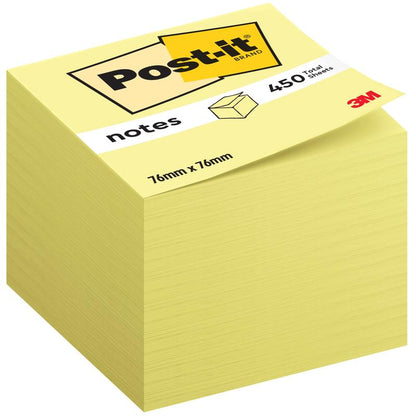 The Post-it® Notes Cube 636-B from 3M Germany GmbH in Yellow contains 450 self-adhesive notes (76 x 76 mm) made from 100% PEFC-certified paper. The top sheet shows product information and the Post-it as well as the 3M logo.