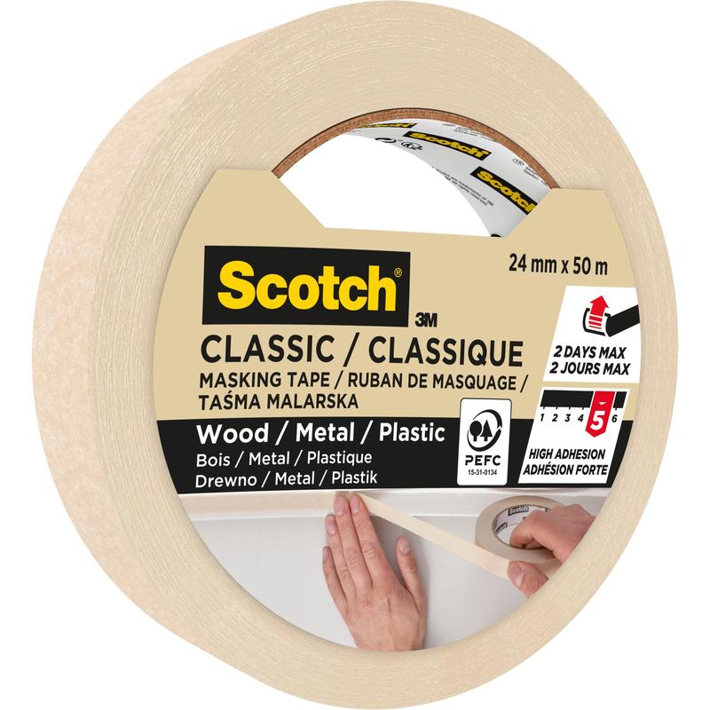 A roll of 3M Scotch® Classic masking tape, 24 mm x 50 m, 70% PEFC (SGSCH-COC-110078), ideal for painting and renovation work on wood, metal, plastic. The high adhesive strength lasts up to two days. The image shows a hand applying the tape.
