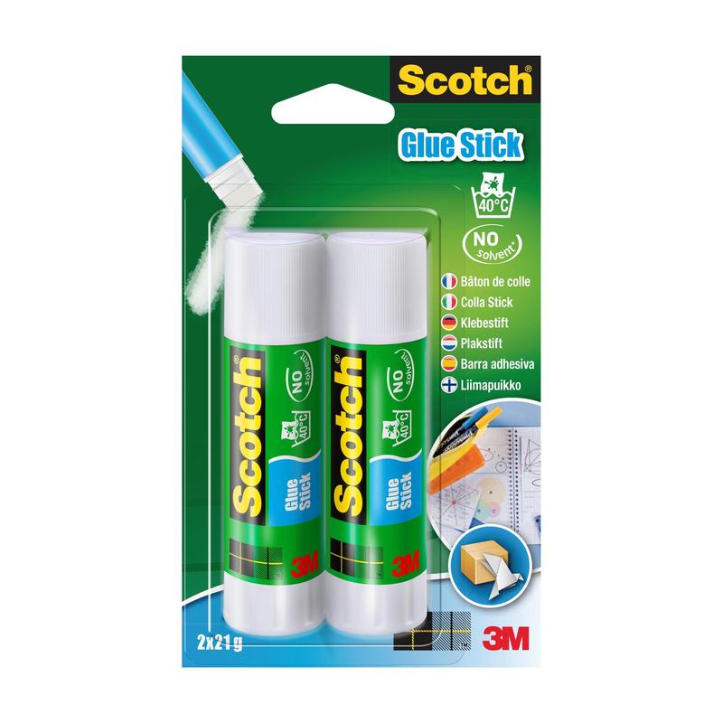 A pack containing two 21g Scotch® Permanent Glue Sticks from 3M Deutschland GmbH, in a plastic blister with green and blue card backing, multilingual text, and the 3M logo at the bottom right.