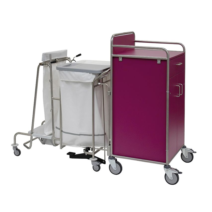 The Novocal station cart features a robust stainless steel frame with fully welded round tube connections, magenta housing, white laundry bag frame, handles, and swivel casters - ideal for hospitals. Package: 1 piece.