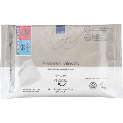 Pack (4 pieces) Perineal gloves by Abena Re-Seller GmbH: dermatologically tested, vegan, dye and perfume-free, with protective barrier protection - ideal for perineal care, suitable for sensitive skin.