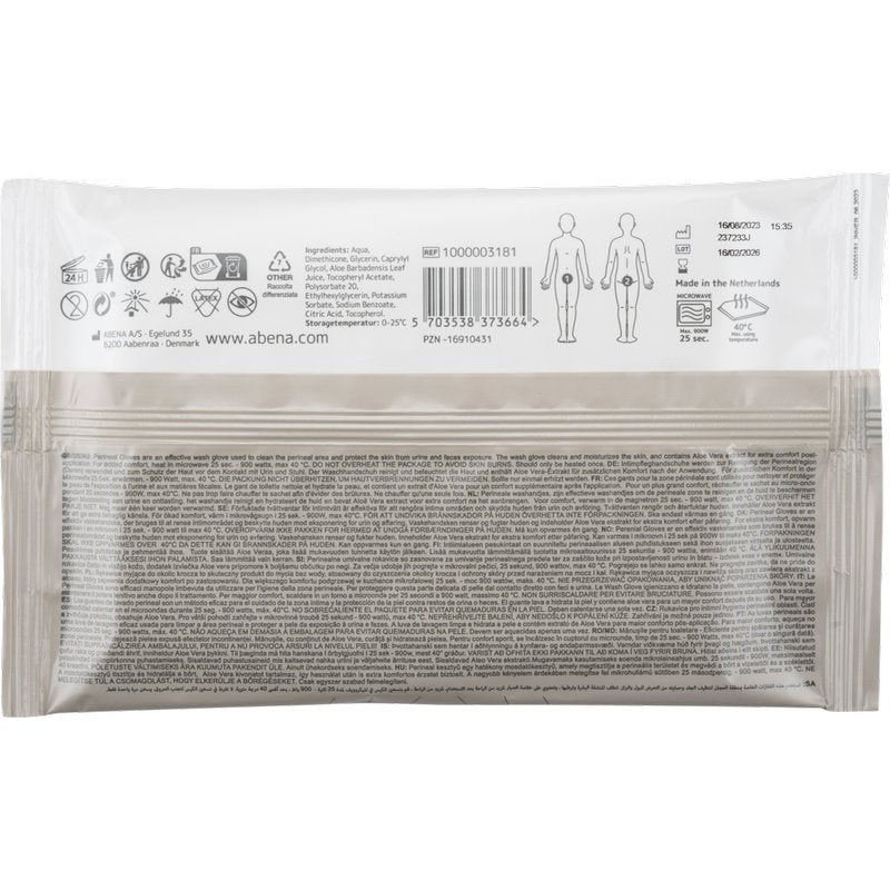 Rear view of the Abena Re-Seller GmbH Perineal gloves pack (4 pieces) shows symbols, product details, instructions, barcode, company information, and diagrams for perineal care. The text is displayed in multiple languages.