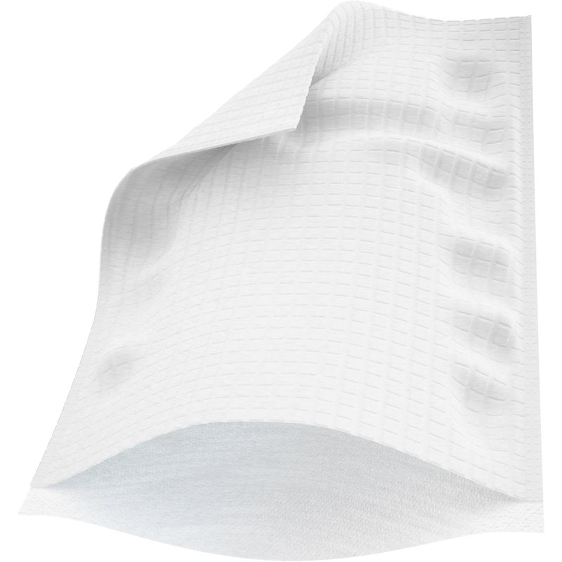 A close-up of a single white, textured paper towel, partially folded and floating against a plain background - ideal for use with the Perineal gloves, pack (4 pieces) by Abena Re-Seller GmbH, thanks to the subtle grid or waffle pattern.