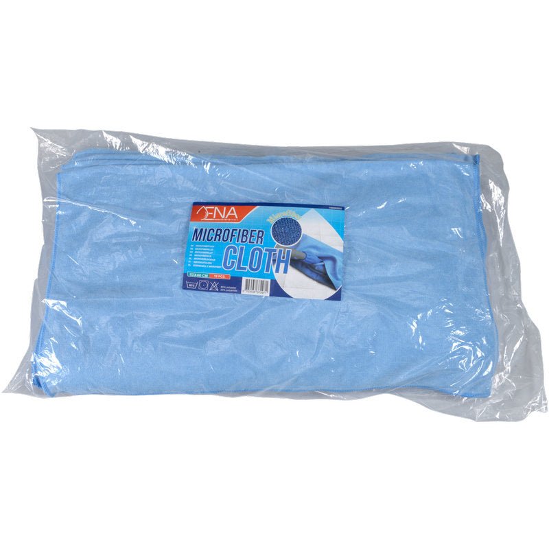 A folded blue ENA Soft microfiber cloth (53x60 cm) from Abena Re-Seller GmbH is packaged in a transparent plastic bag with a "microfiber cloth" label, product information, and a partial image of the cleaning cloth in use. The package contains 10 pieces.