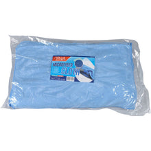 A folded blue ENA Soft microfiber cloth (53x60 cm) from Abena Re-Seller GmbH is packaged in a transparent plastic bag with a "microfiber cloth" label, product information, and a partial image of the cleaning cloth in use. The package contains 10 pieces.