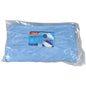 A folded blue ENA Soft microfiber cloth (53x60 cm) from Abena Re-Seller GmbH is packaged in a transparent plastic bag with a "microfiber cloth" label, product information, and a partial image of the cleaning cloth in use. The package contains 10 pieces.