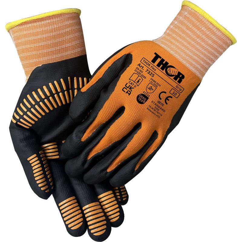 The Thor Flex Multigrip gloves from Abena Re-Seller GmbH, with their orange and black colors, non-slip rubber grips on palms and fingers, and safety markings on the back of the hand, are a robust choice for various tasks.