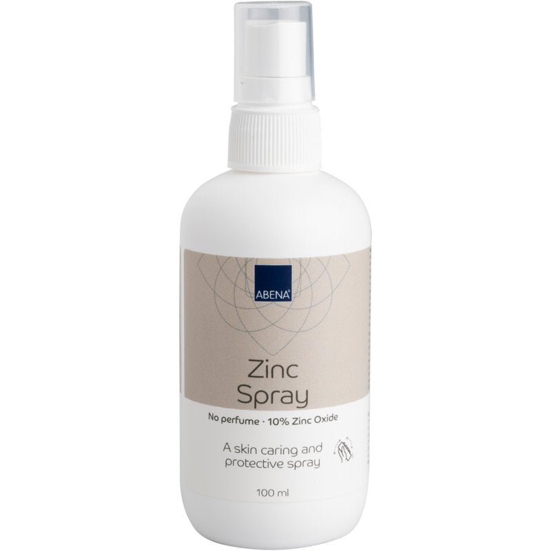 A white 100 ml plastic spray bottle labeled "Zinc Spray, 10% Zinc Oxide" from Abena Re-Seller GmbH. The label states "Without Perfume" and promotes skin care and protection. Available in a pack of 6. Ideal for gentle application.