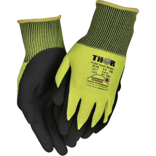 A pair of yellow and black Thor Flex touchscreen gloves from Abena Re-Seller GmbH, featuring technical information on the back, a textured black grip, a ribbed cuff, and a highly sensitive touchscreen function.
