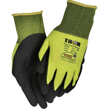 A pair of yellow and black Abena Re-Seller GmbH Thor Flex touchscreen work gloves with safety certification markings and highly sensitive touch recognition, pictured against a white background.
