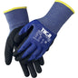 A pair of blue-black Thor Flex Cut C work gloves from Abena Re-Seller GmbH with yellow trim, textured surface, printed safety information, and "THOR" on the back - perfect for use with cutting tools or cutters.