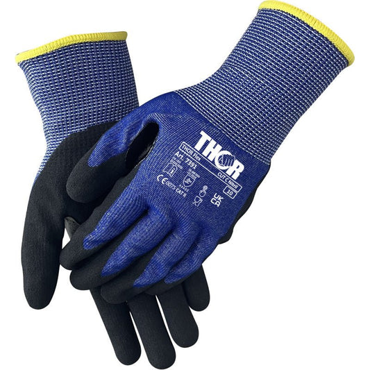 A pair of blue Thor Flex Cut C gloves from Abena Re-Seller GmbH with black palms, yellow cuffs, white "THOR" lettering, and safety certifications—ideal for working with cutting tools or utility knives.