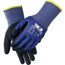A pair of blue-and-black work gloves with a yellow trim from the "Thor Flex Cut C" brand by Abena Re-Seller GmbH, with safety certification—perfect for working with a utility knife or cutting tool.