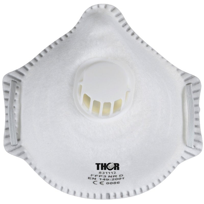 A white Abena Re-Seller GmbH Thor FFP3 respirator mask with central valve, visible edge seams, and printed text (brand, model 831112, certification) is available as a 10-pack of disposable masks.