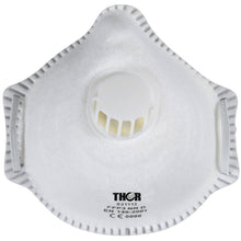 A white Abena Re-Seller GmbH Thor FFP3 respirator mask with central valve, visible edge seams, and printed text (brand, model 831112, certification) is available as a 10-pack of disposable masks.