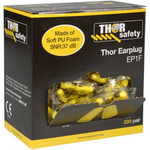 A black-and-yellow box labeled "Thor Earplugs, Two-Pack (811010)" from Abena Re-Seller GmbH contains 200 pairs of yellow earplugs, each individually wrapped. Made of soft PU foam with an SNR of 37 dB.