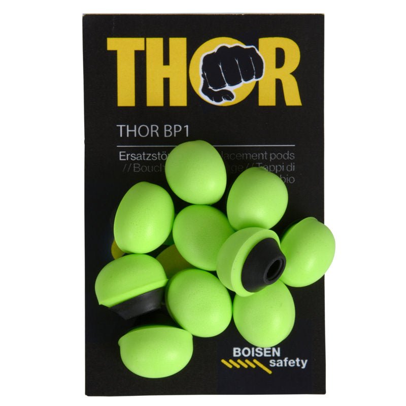 A package of "Thor Refill for Hearing Protection (812011)" from Abena Re-Seller GmbH contains 60 light green replacement earplugs with black rings, displayed on a black card with the BOISEN safety logo at the bottom.