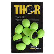 A package of "Thor Refill for Earmuffs (812011)" from Abena Re-Seller GmbH contains 60 light green replacement earplugs with black rings, arranged on a black card featuring the BOISEN safety logo at the bottom.