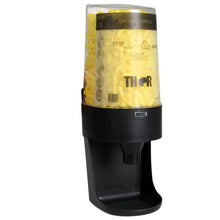 The Abena Re-Seller GmbH Thor "One-2-Click" Earplug Dispenser (813110) Box (3 packs) is a black, transparent dispenser designed for the hygienic storage of earplugs, featuring a tray on the bottom for easy removal of earplugs.