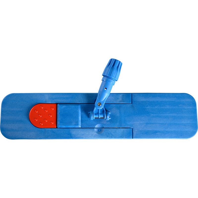The magnetic folding holder from Abena Re-Seller GmbH is a blue, rectangular flat mop head with a red foot pedal and an adjustable, blue joint for handle attachment, shown from above on a white background.