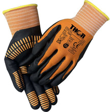 A pair of orange-and-black Thor Flex Multigrip work gloves with yellow cuffs and black grip lines. One glove bears the brand name Abena Re-Seller GmbH along with safety certifications and specifications.