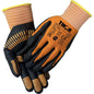 A pair of orange-black Thor Flex Multigrip work gloves with yellow cuffs and black grip lines. One glove bears the brand name Abena Re-Seller GmbH along with safety certifications and specifications.